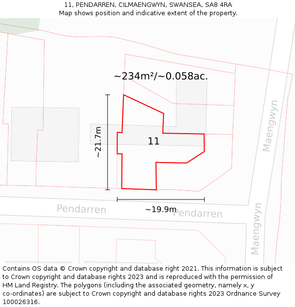 11, PENDARREN, CILMAENGWYN, SWANSEA, SA8 4RA: Plot and title map