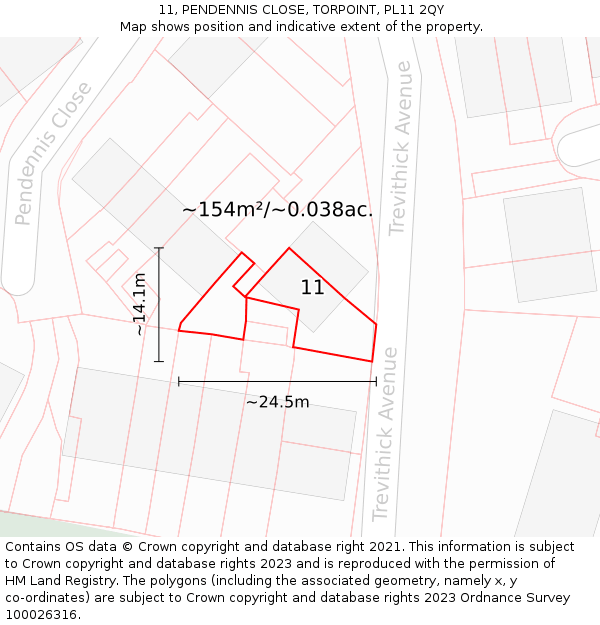 11, PENDENNIS CLOSE, TORPOINT, PL11 2QY: Plot and title map