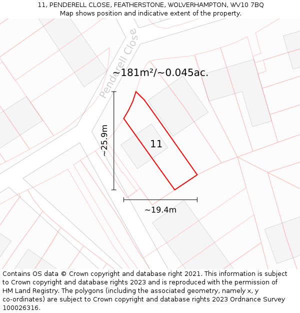 11, PENDERELL CLOSE, FEATHERSTONE, WOLVERHAMPTON, WV10 7BQ: Plot and title map