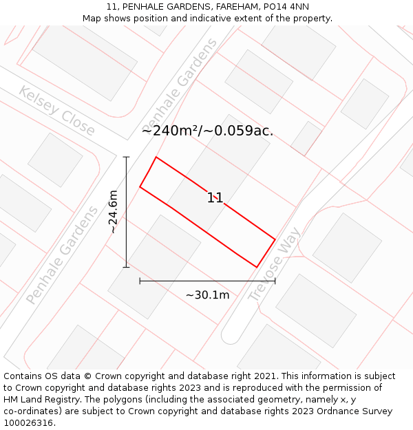 11, PENHALE GARDENS, FAREHAM, PO14 4NN: Plot and title map