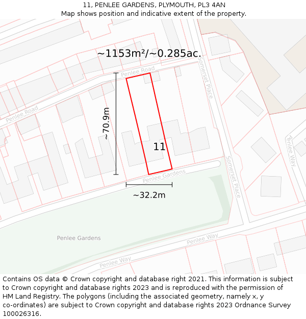 11, PENLEE GARDENS, PLYMOUTH, PL3 4AN: Plot and title map