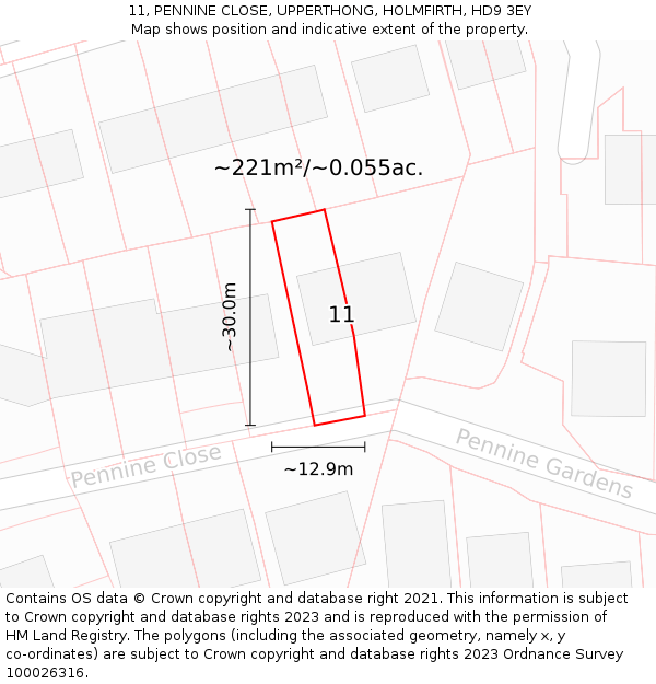 11, PENNINE CLOSE, UPPERTHONG, HOLMFIRTH, HD9 3EY: Plot and title map