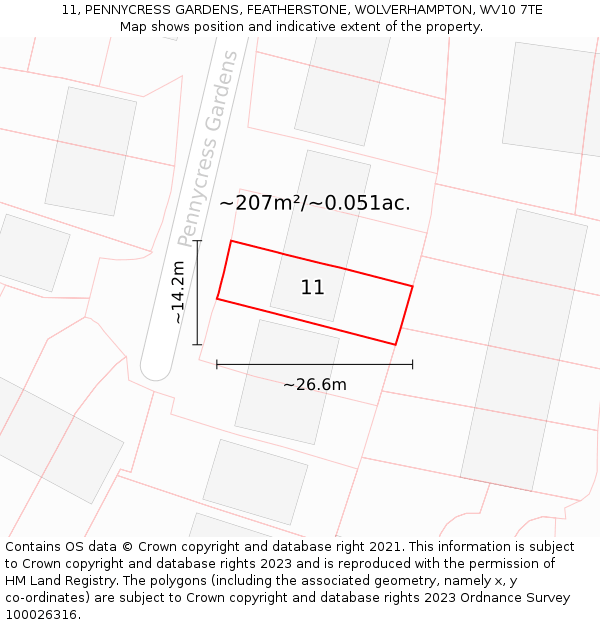 11, PENNYCRESS GARDENS, FEATHERSTONE, WOLVERHAMPTON, WV10 7TE: Plot and title map