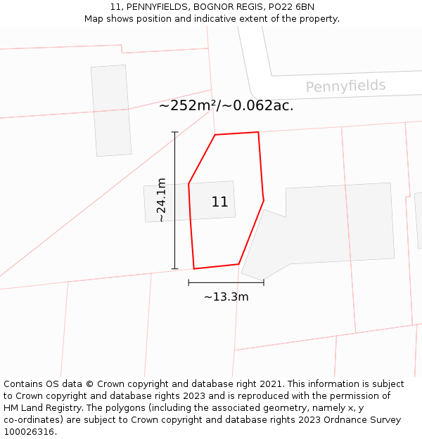 11, PENNYFIELDS, BOGNOR REGIS, PO22 6BN: Plot and title map