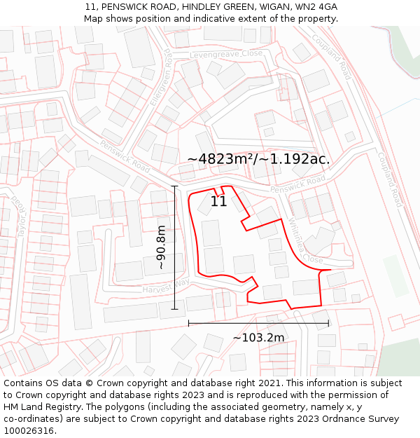 11, PENSWICK ROAD, HINDLEY GREEN, WIGAN, WN2 4GA: Plot and title map