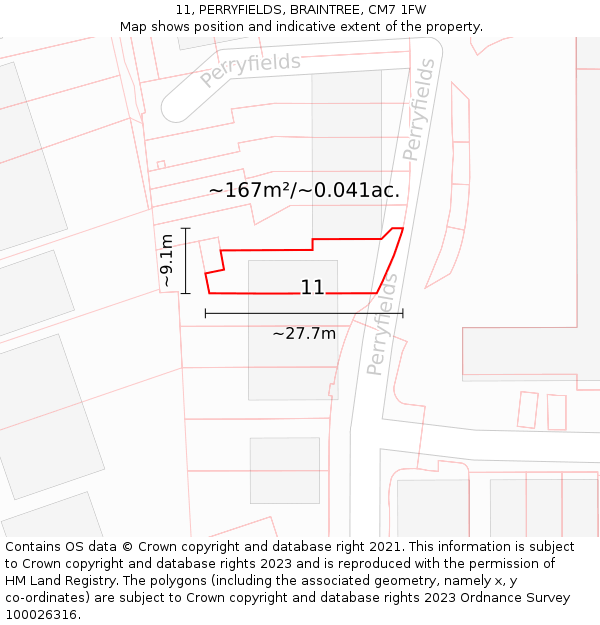 11, PERRYFIELDS, BRAINTREE, CM7 1FW: Plot and title map