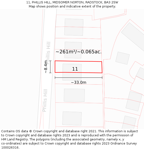 11, PHILLIS HILL, MIDSOMER NORTON, RADSTOCK, BA3 2SW: Plot and title map
