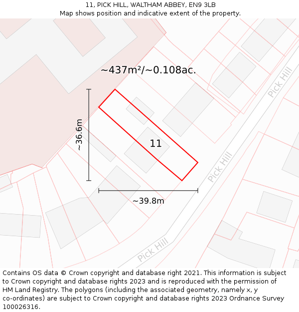 11, PICK HILL, WALTHAM ABBEY, EN9 3LB: Plot and title map