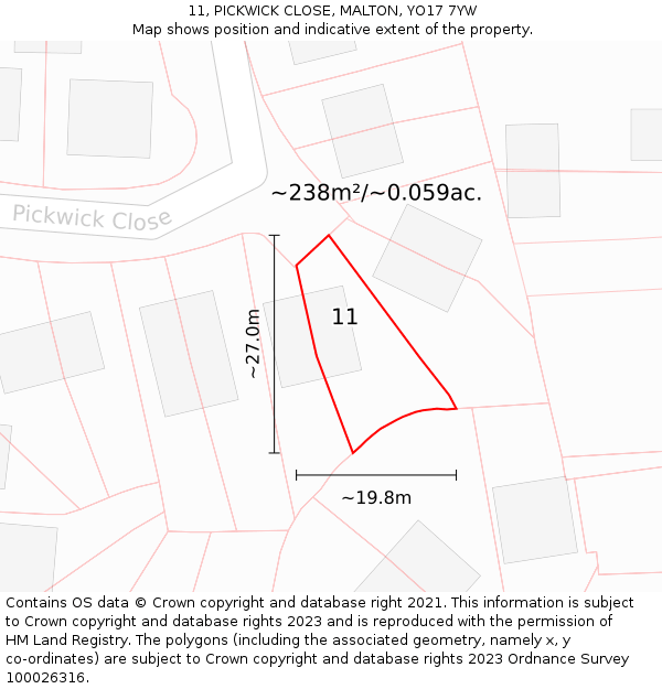 11, PICKWICK CLOSE, MALTON, YO17 7YW: Plot and title map
