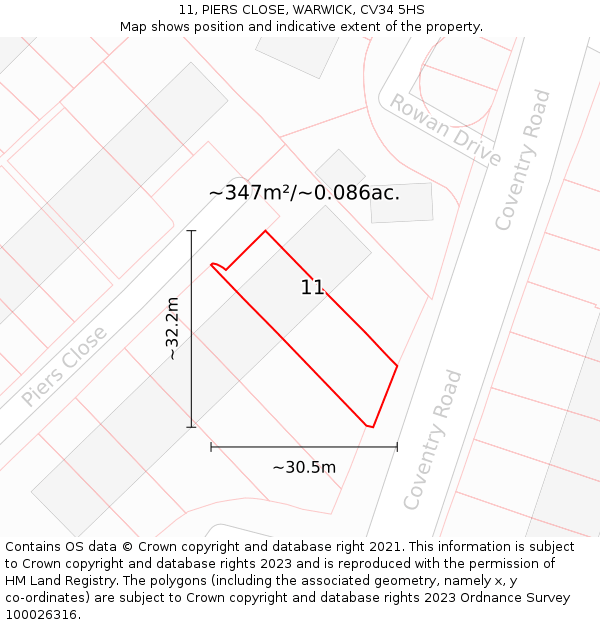 11, PIERS CLOSE, WARWICK, CV34 5HS: Plot and title map