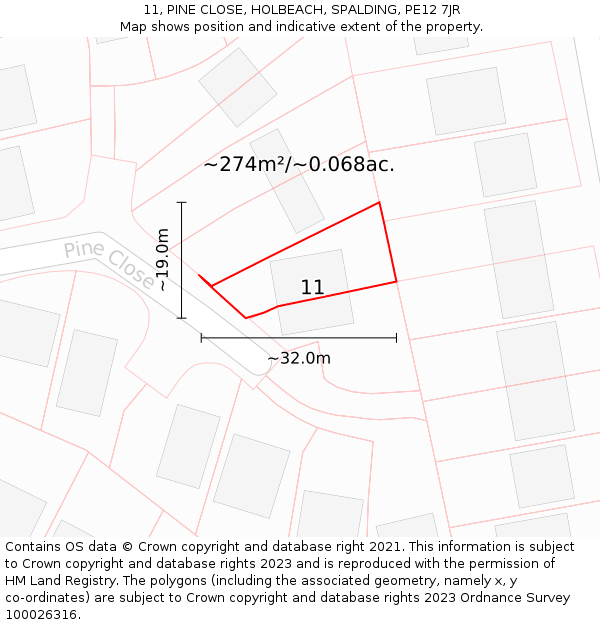 11, PINE CLOSE, HOLBEACH, SPALDING, PE12 7JR: Plot and title map