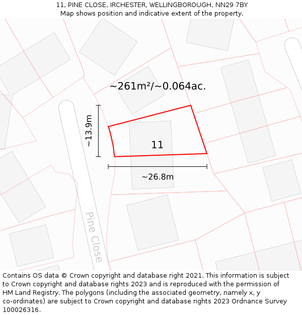 11, PINE CLOSE, IRCHESTER, WELLINGBOROUGH, NN29 7BY: Plot and title map