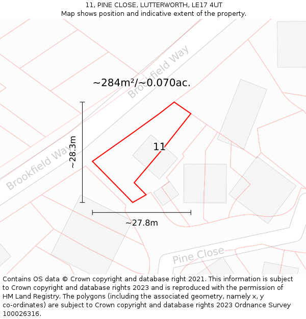 11, PINE CLOSE, LUTTERWORTH, LE17 4UT: Plot and title map
