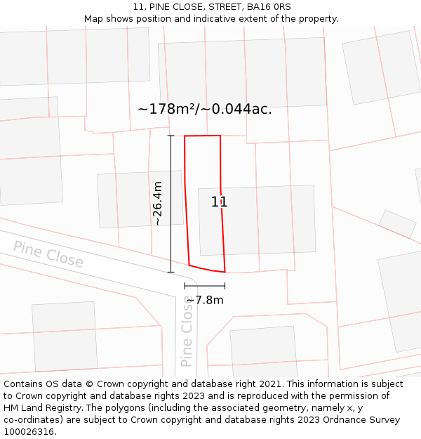 11, PINE CLOSE, STREET, BA16 0RS: Plot and title map
