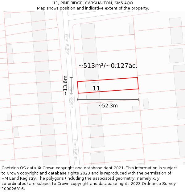 11, PINE RIDGE, CARSHALTON, SM5 4QQ: Plot and title map