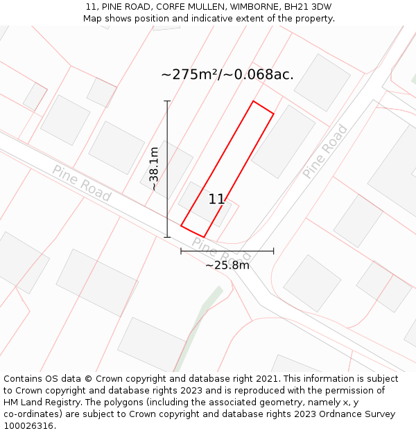 11, PINE ROAD, CORFE MULLEN, WIMBORNE, BH21 3DW: Plot and title map