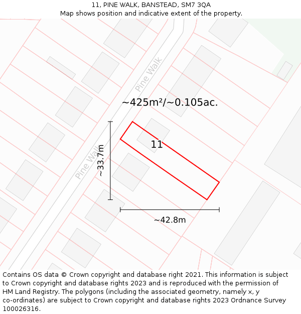 11, PINE WALK, BANSTEAD, SM7 3QA: Plot and title map