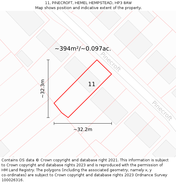 11, PINECROFT, HEMEL HEMPSTEAD, HP3 8AW: Plot and title map