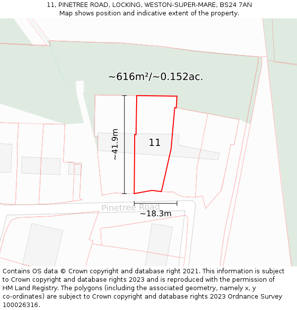 11, PINETREE ROAD, LOCKING, WESTON-SUPER-MARE, BS24 7AN: Plot and title map