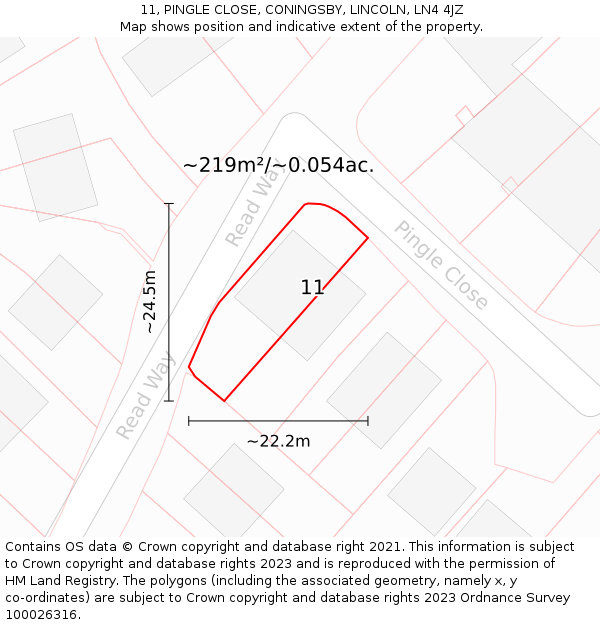 11, PINGLE CLOSE, CONINGSBY, LINCOLN, LN4 4JZ: Plot and title map