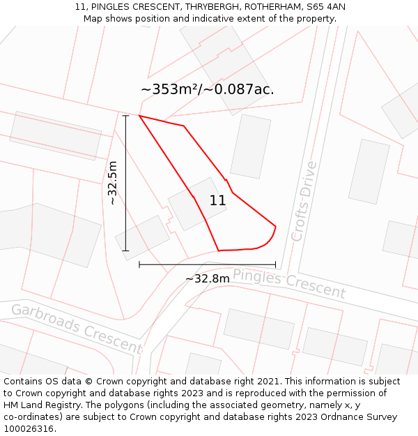 11, PINGLES CRESCENT, THRYBERGH, ROTHERHAM, S65 4AN: Plot and title map
