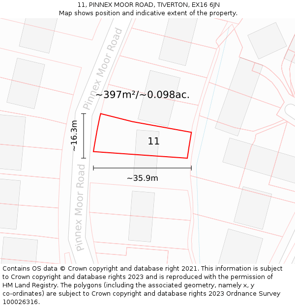 11, PINNEX MOOR ROAD, TIVERTON, EX16 6JN: Plot and title map