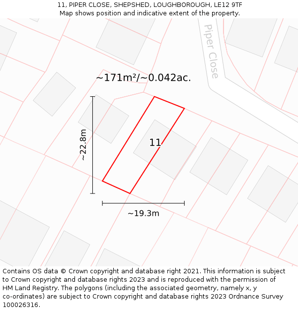 11, PIPER CLOSE, SHEPSHED, LOUGHBOROUGH, LE12 9TF: Plot and title map