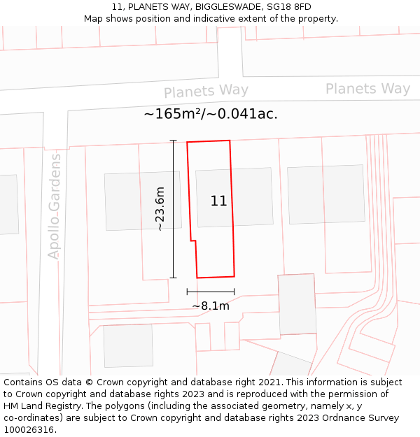 11, PLANETS WAY, BIGGLESWADE, SG18 8FD: Plot and title map