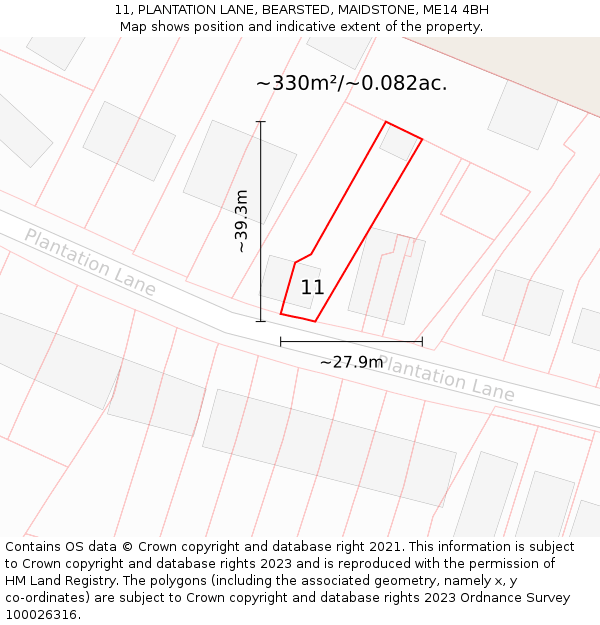 11, PLANTATION LANE, BEARSTED, MAIDSTONE, ME14 4BH: Plot and title map