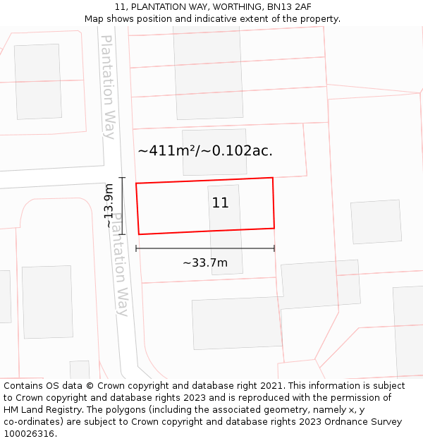 11, PLANTATION WAY, WORTHING, BN13 2AF: Plot and title map