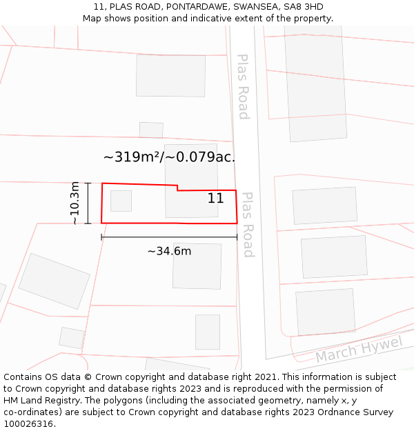 11, PLAS ROAD, PONTARDAWE, SWANSEA, SA8 3HD: Plot and title map