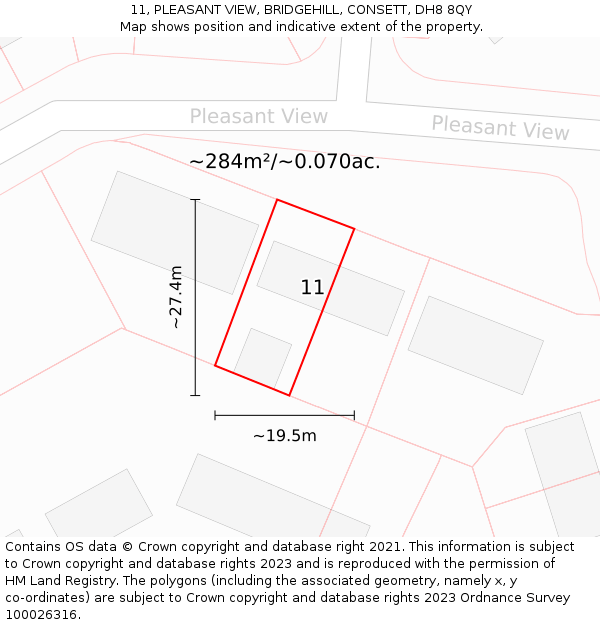 11, PLEASANT VIEW, BRIDGEHILL, CONSETT, DH8 8QY: Plot and title map