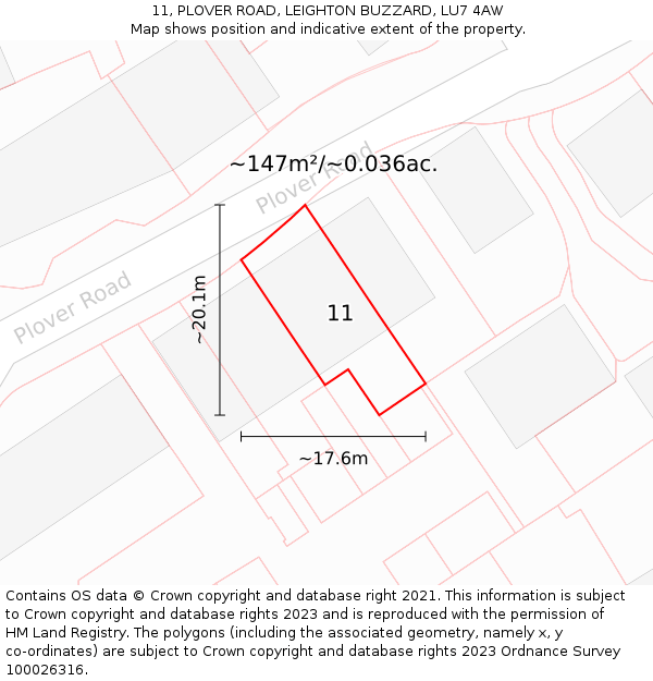 11, PLOVER ROAD, LEIGHTON BUZZARD, LU7 4AW: Plot and title map