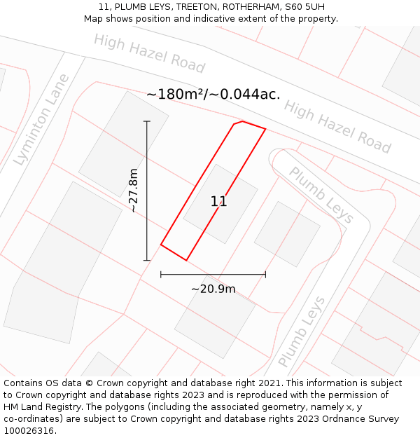 11, PLUMB LEYS, TREETON, ROTHERHAM, S60 5UH: Plot and title map