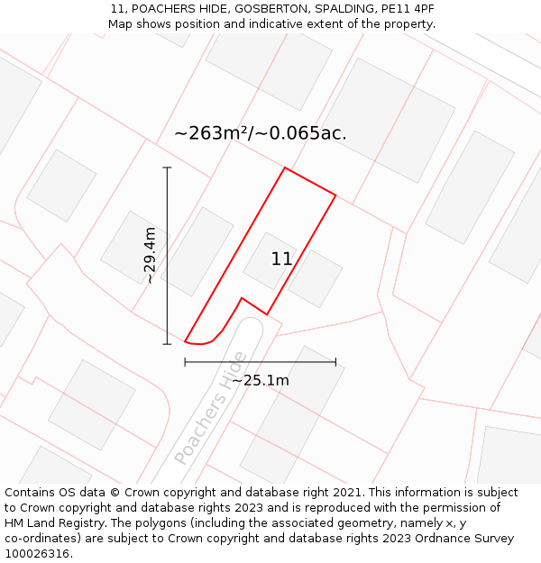 11, POACHERS HIDE, GOSBERTON, SPALDING, PE11 4PF: Plot and title map