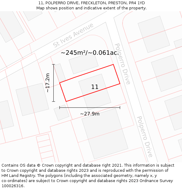 11, POLPERRO DRIVE, FRECKLETON, PRESTON, PR4 1YD: Plot and title map
