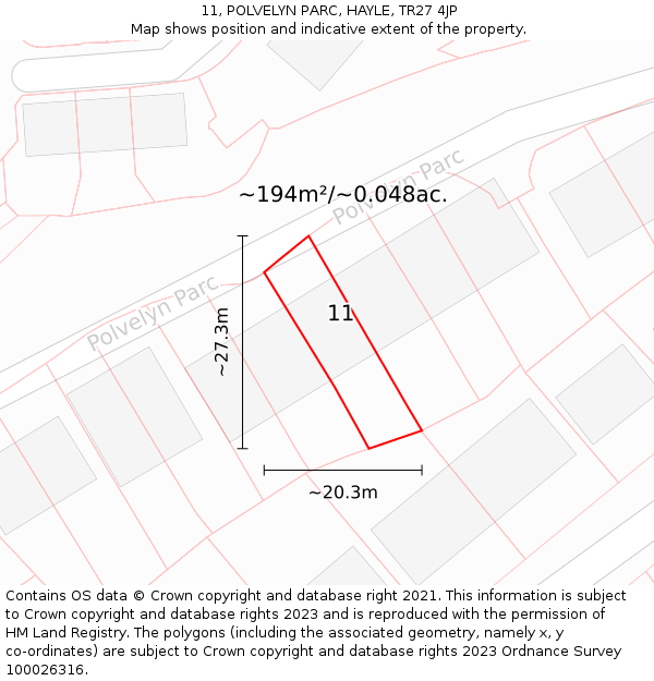 11, POLVELYN PARC, HAYLE, TR27 4JP: Plot and title map