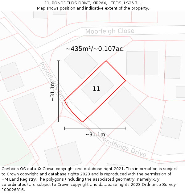 11, PONDFIELDS DRIVE, KIPPAX, LEEDS, LS25 7HJ: Plot and title map