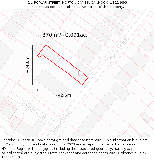 11, POPLAR STREET, NORTON CANES, CANNOCK, WS11 9SG: Plot and title map