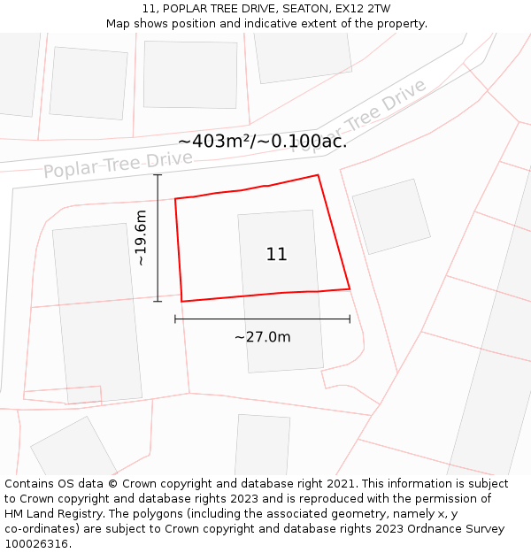 11, POPLAR TREE DRIVE, SEATON, EX12 2TW: Plot and title map