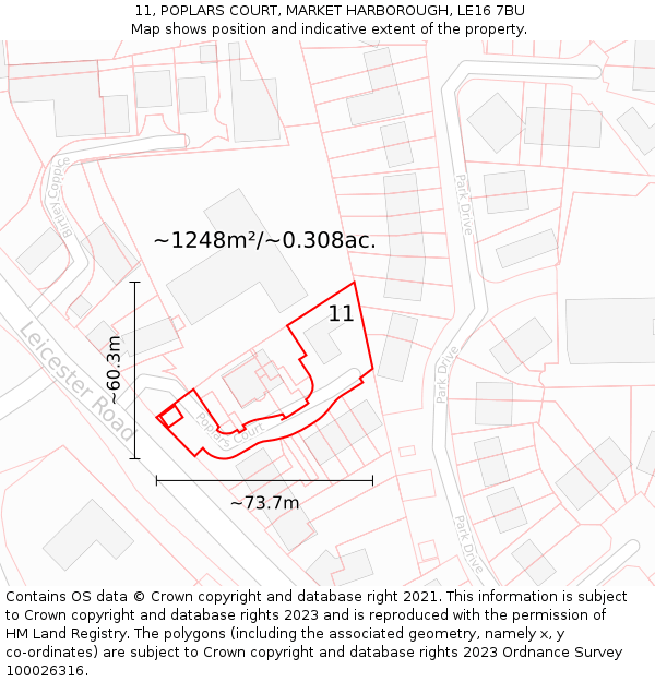 11, POPLARS COURT, MARKET HARBOROUGH, LE16 7BU: Plot and title map
