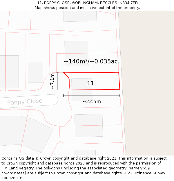 11, POPPY CLOSE, WORLINGHAM, BECCLES, NR34 7EB: Plot and title map