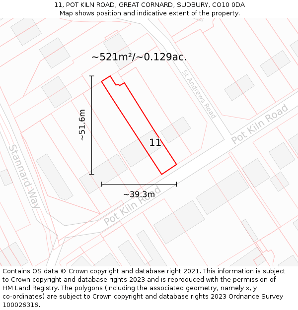 11, POT KILN ROAD, GREAT CORNARD, SUDBURY, CO10 0DA: Plot and title map