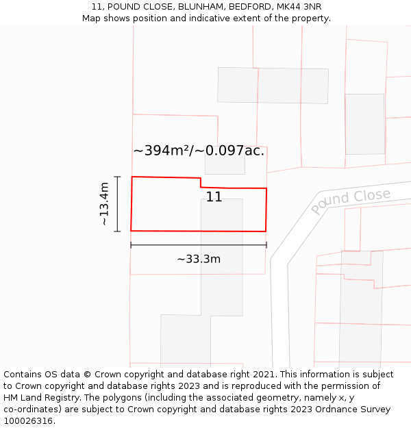11, POUND CLOSE, BLUNHAM, BEDFORD, MK44 3NR: Plot and title map