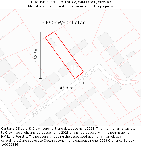 11, POUND CLOSE, BOTTISHAM, CAMBRIDGE, CB25 9DT: Plot and title map