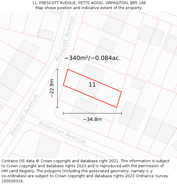 11, PRESCOTT AVENUE, PETTS WOOD, ORPINGTON, BR5 1AE: Plot and title map