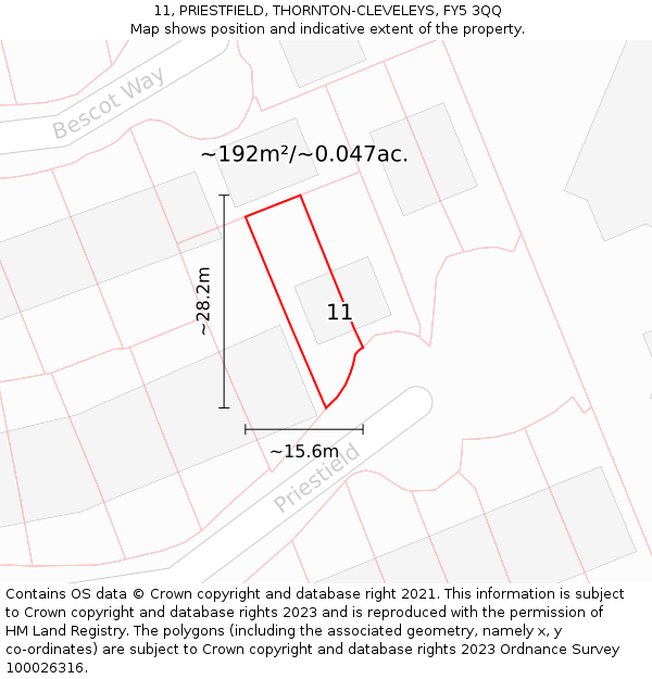 11, PRIESTFIELD, THORNTON-CLEVELEYS, FY5 3QQ: Plot and title map