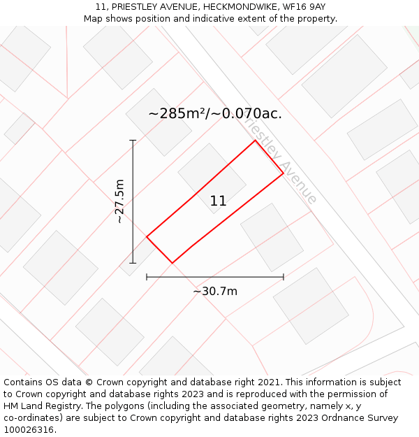 11, PRIESTLEY AVENUE, HECKMONDWIKE, WF16 9AY: Plot and title map