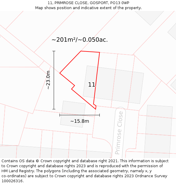 11, PRIMROSE CLOSE, GOSPORT, PO13 0WP: Plot and title map
