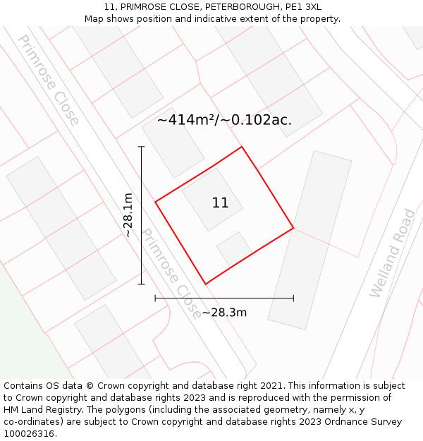11, PRIMROSE CLOSE, PETERBOROUGH, PE1 3XL: Plot and title map